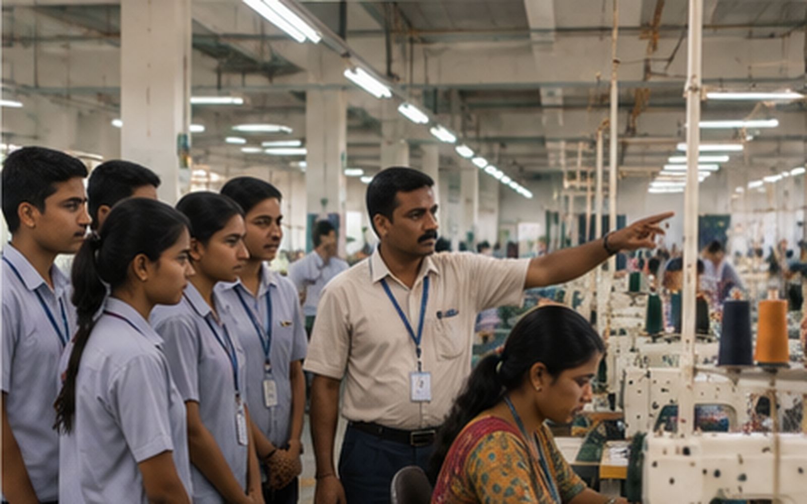 Trainer guiding a group of trainees on an apparel production floor